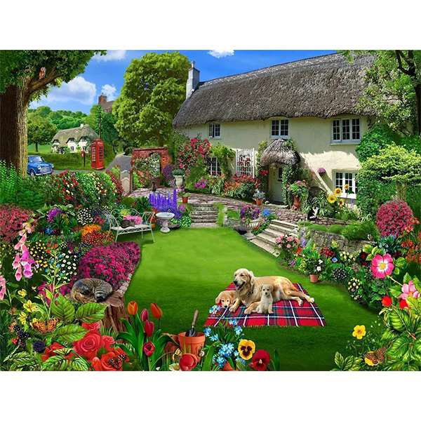 DOGS IN A COTTAGE GARDEN